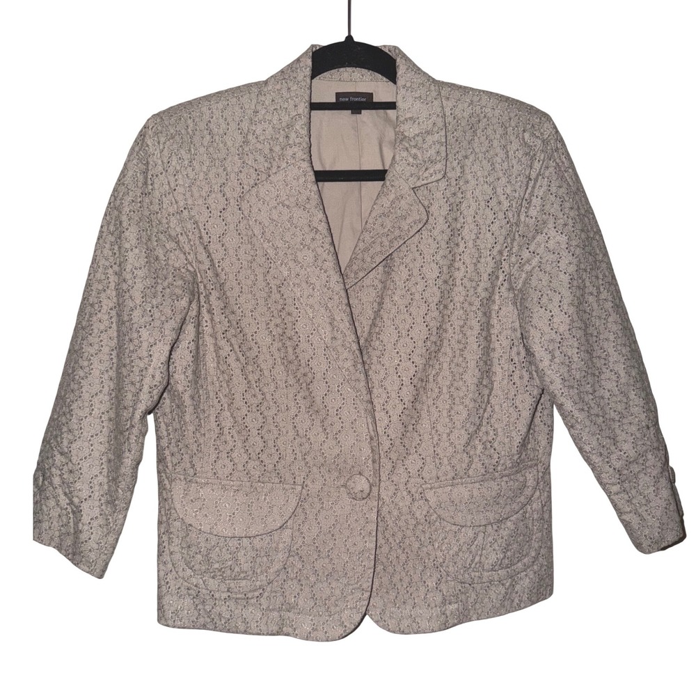 New Frontier Women's Beige Lace Blazer Jacket Size 12 3/4 Sleeve Button Front‎